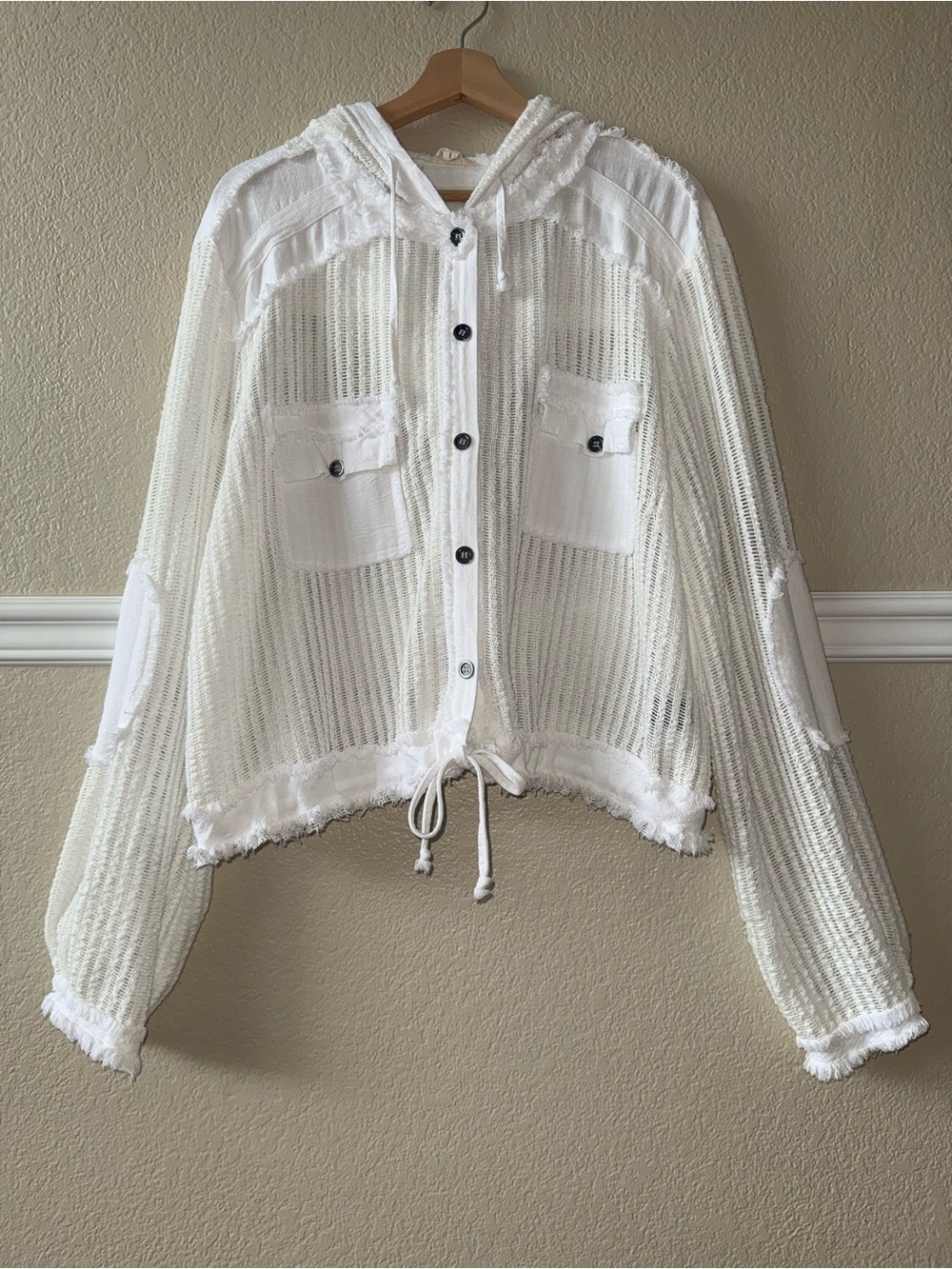 POL 100% Cotton Boho See Through Button Down Hoodie Cardigan White Ivory Large